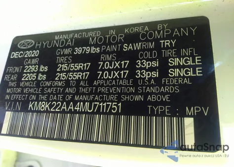 2021 Hyundai Kona Sel z USA, uszkodzony, nr VIN KM8K22AA4MU711751